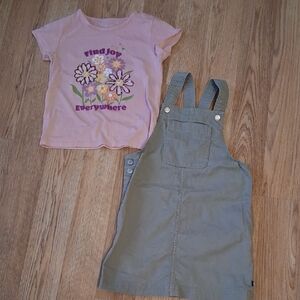 Pink Graphic Tee and Gray Overall Dress Set